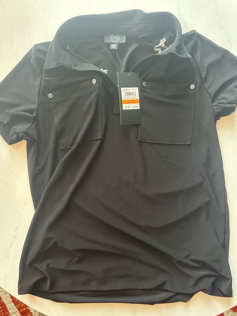 Jones New York Black Short-Sleeve Polo Blouse with Chest Pockets in size small